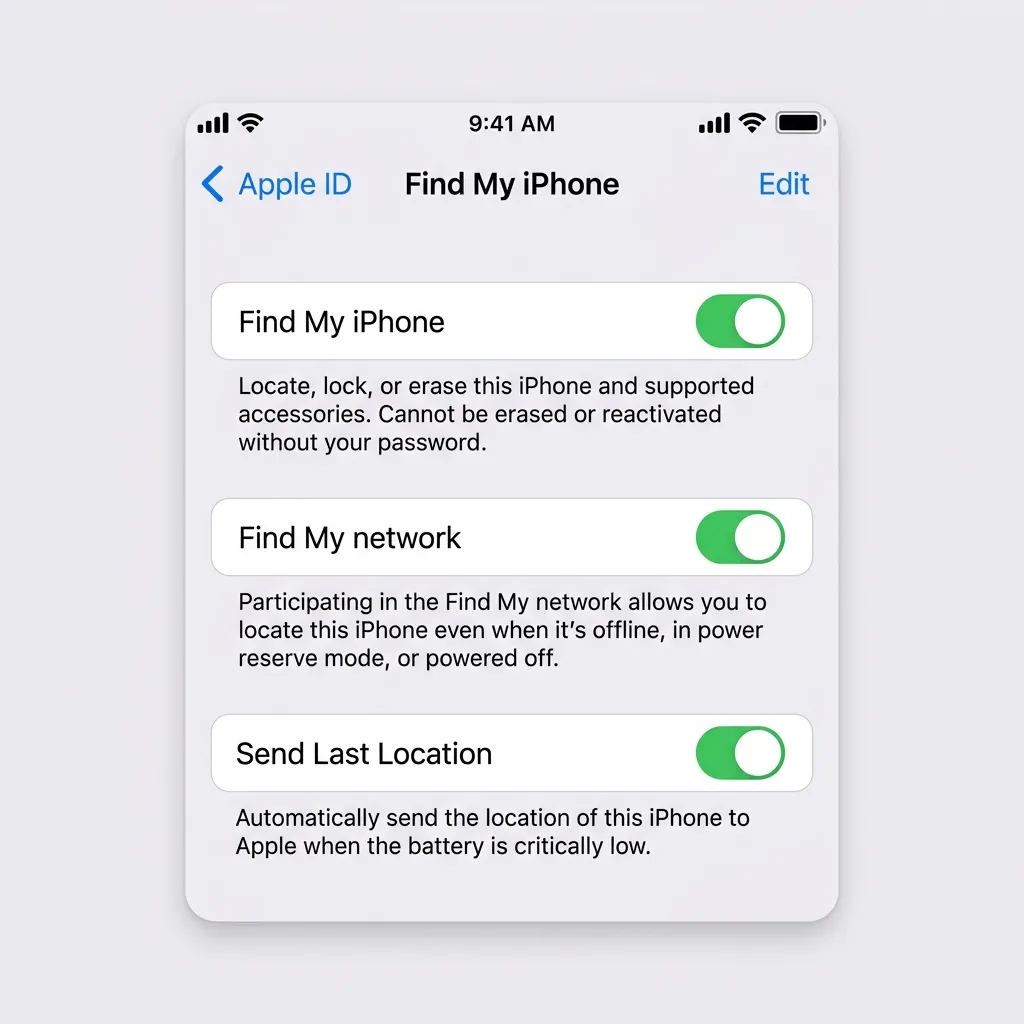 Find My-inställningar på iPhone som visar de tre reglagen — Hitta min iPhone, Hitta nätverk och Skicka senaste plats