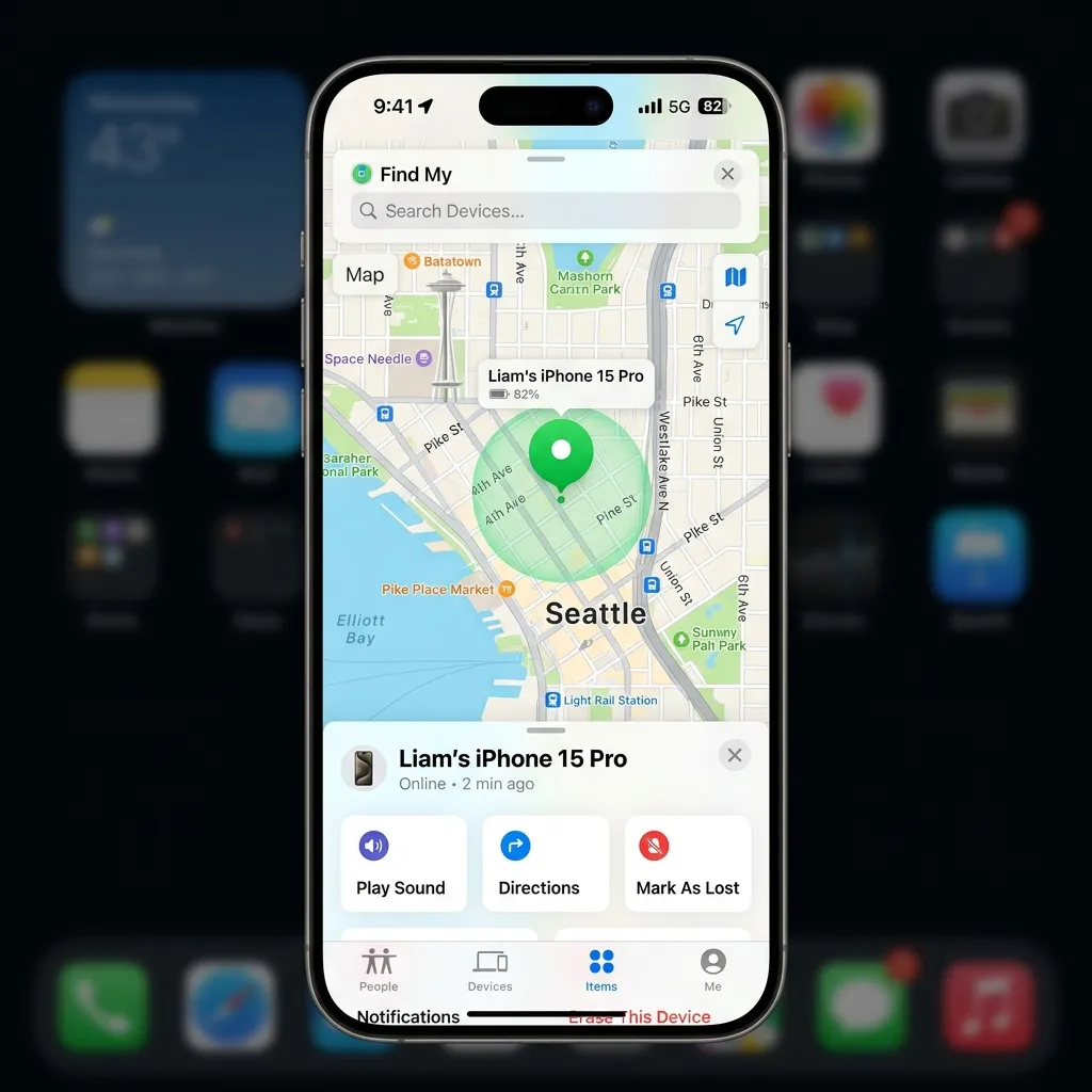 iCloud.com Find My-gränssnitt som visar en karta med en enhetsikon, en lista med enheter och åtgärdsknappar