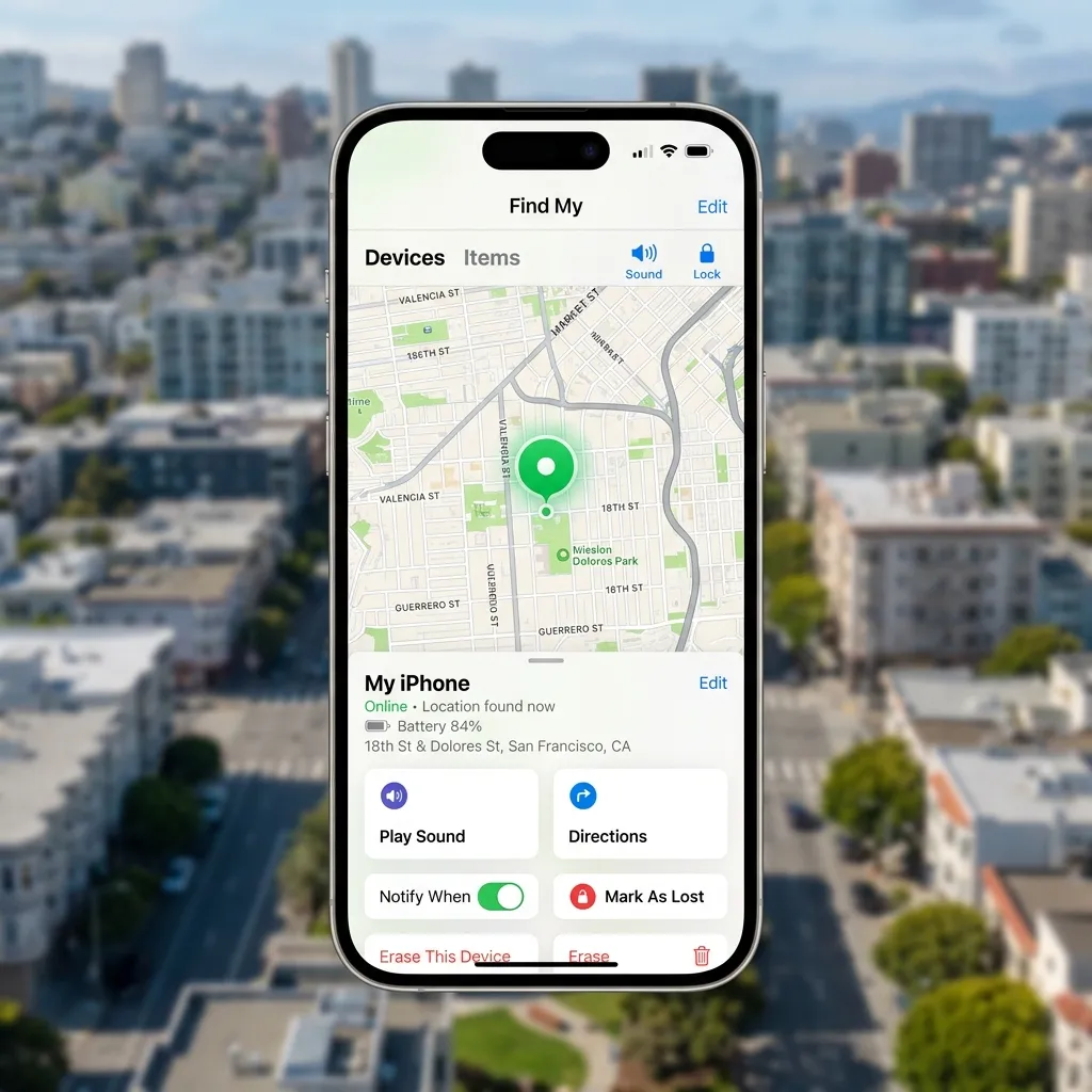 En iPhone som visar Find My-appen med en karta och en blå punkt som markerar enhetens position