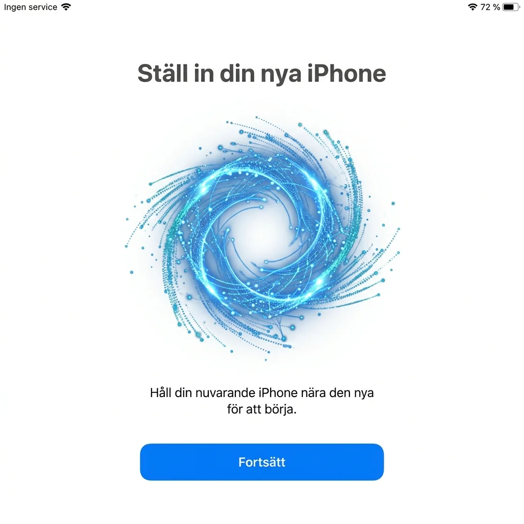 Två iPhones med Quick Start-animering — blå punktmönster-cirkel på den nya telefonen som ska skannas med kamera