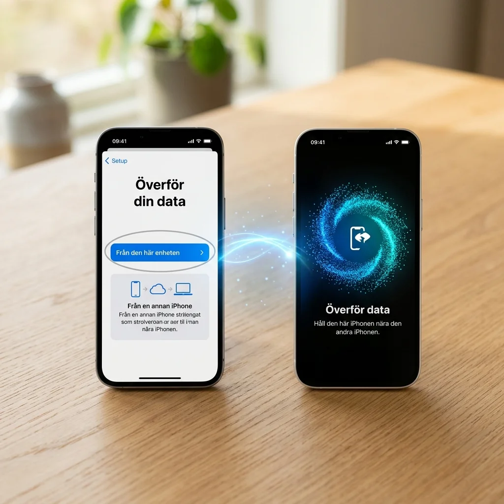 Två iPhones sida vid sida — en gammal och en ny — med Quick Start-animationen som visar dataöverföring mellan dem