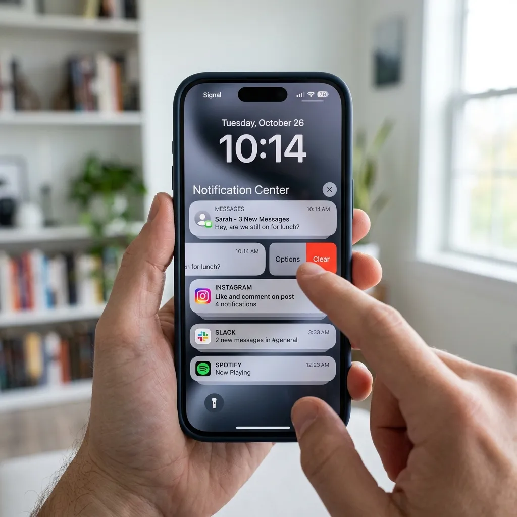 En iPhone som visar Notifikationscenter med grupperade notiser — ett finger sveper för att rensa