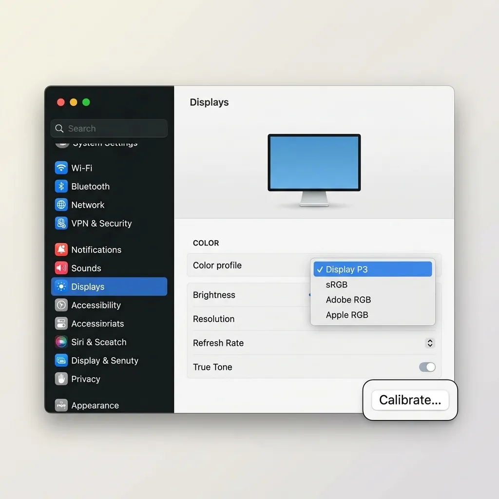 macOS Systeminställningar med Skärmar öppet och färgprofilernas inställningspanel synlig med kalibreringsknappen