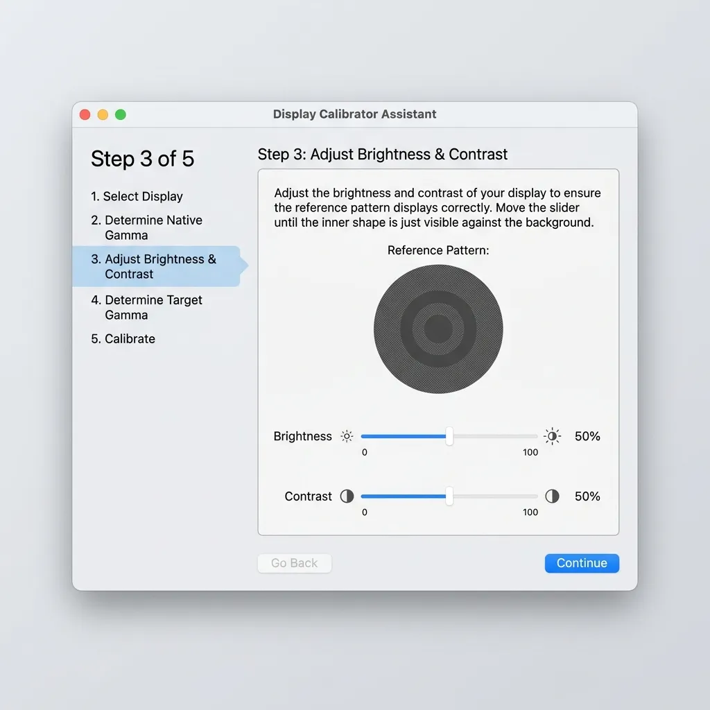 Display Calibrator Assistant i macOS med färgprofilväljaren öppen och flera profiler listade