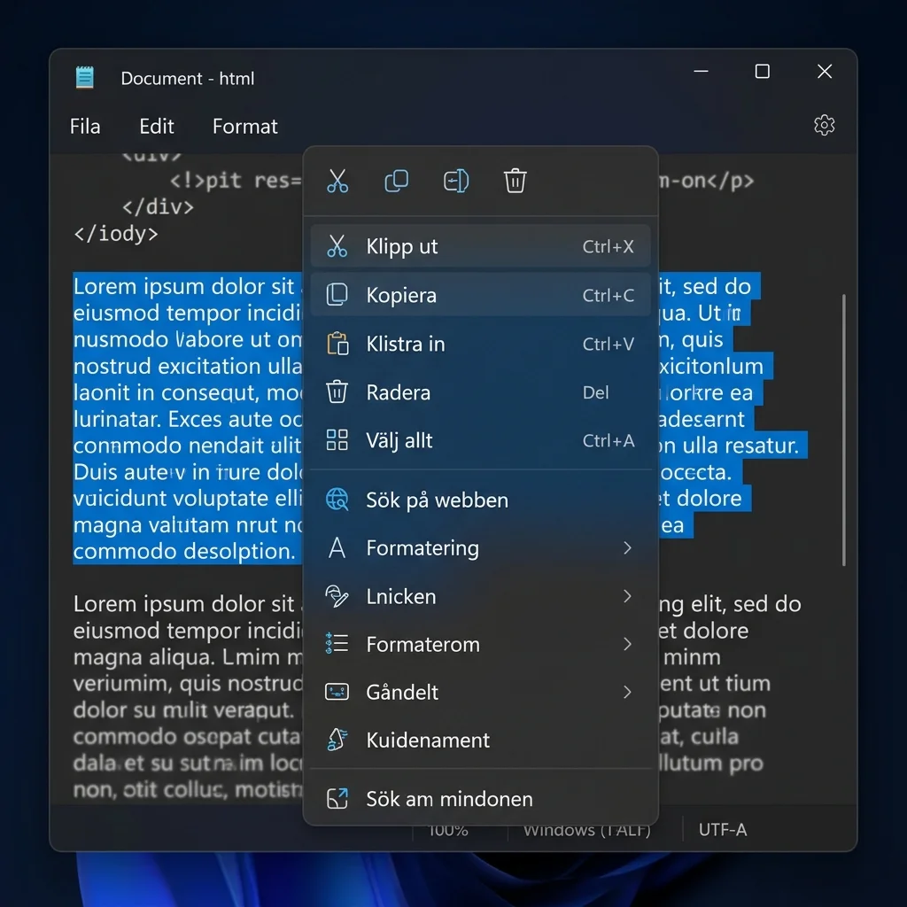 Windows 11 högerklicksmeny med alternativen Kopiera, Klipp ut och Klistra in med tillhörande kortkommandon