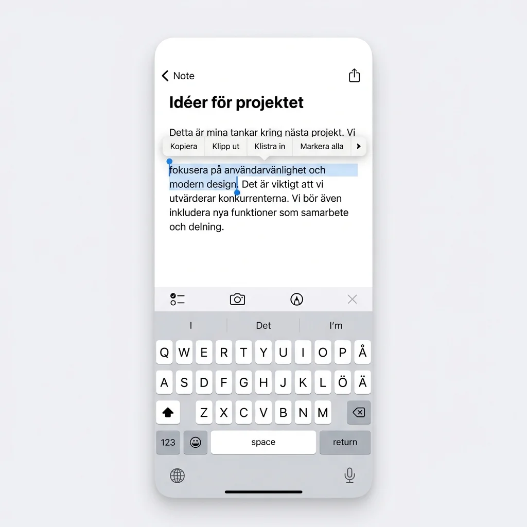 iPhone-skärm med markerad text och popup-meny med alternativen Kopiera, Klipp ut och Klistra in