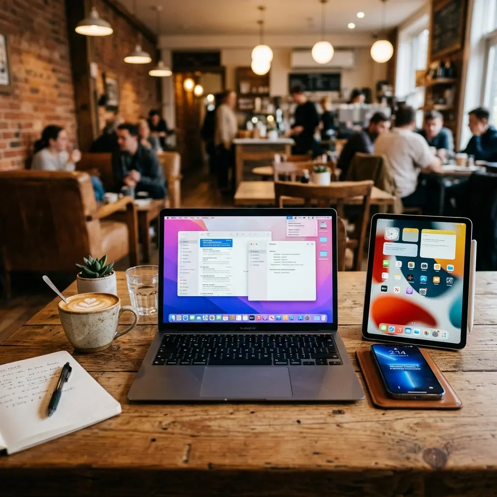 En MacBook med Wi-Fi-ikon aktiv i menyraden — iPhone och iPad anslutna till Macs hotspot på ett kafé