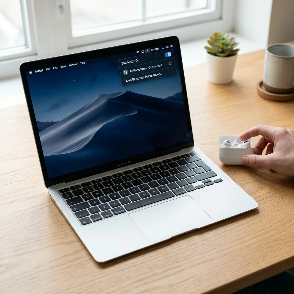 En MacBook på ett skrivbord med AirPods bredvid — Bluetooth-menyn visar en snurrande anslutningsindikator