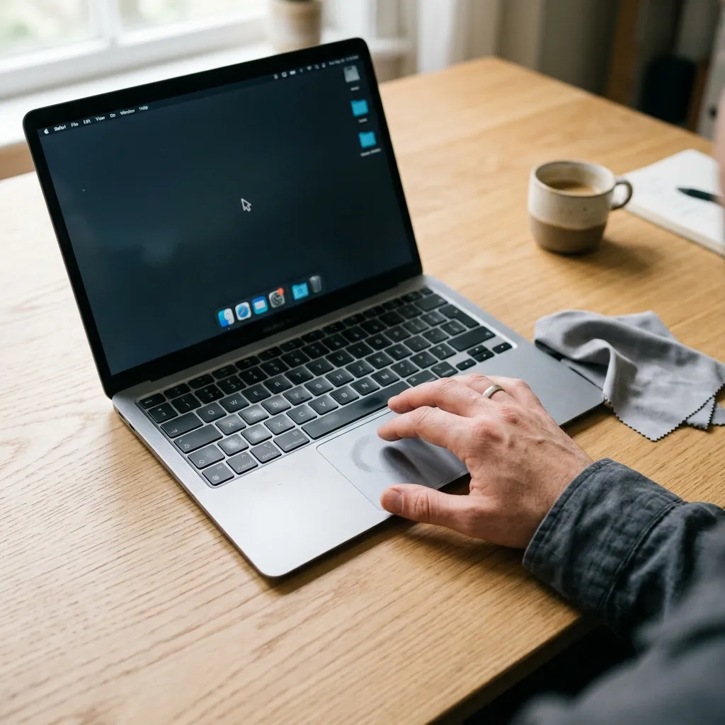 En MacBook på ett träskrivbord — hand nära styrplattan, muspekaren frusen på skärmen