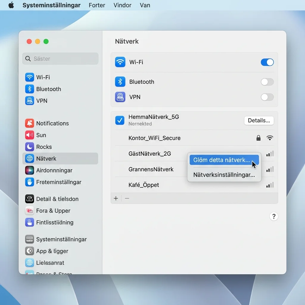 Systeminställningar för Wi-Fi på Mac med alternativet Glöm nätverket markerat bredvid det anslutna nätverket