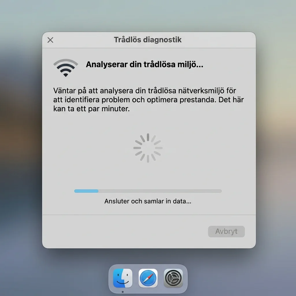 Trådlös diagnostik på Mac som analyserar Wi-Fi-anslutningen och visar en förloppsindikator under skanningen