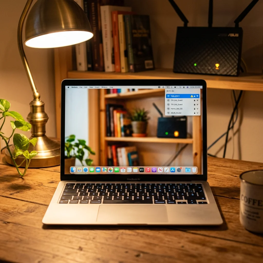 En MacBook som visar Wi-Fi-symbolen med utropstecken — nätverksfel och felsökning i macOS