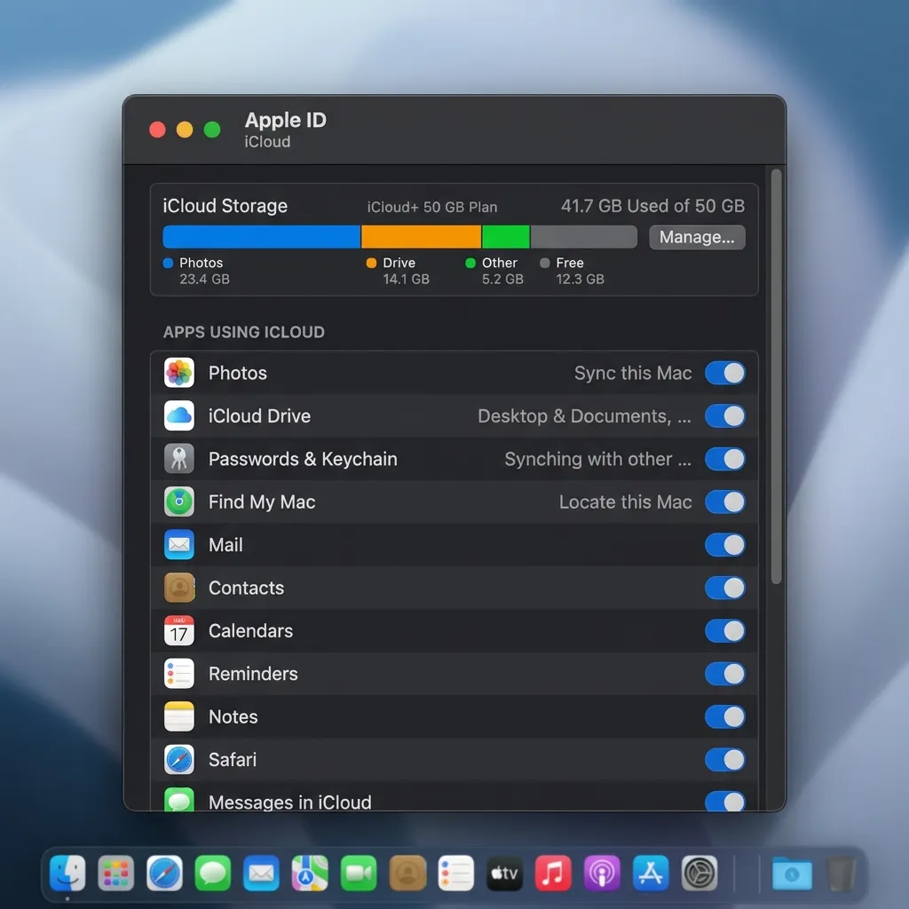 iCloud-inställningar på Mac som visar lagringsstapel och en lista över appar med synkroniseringsreglage