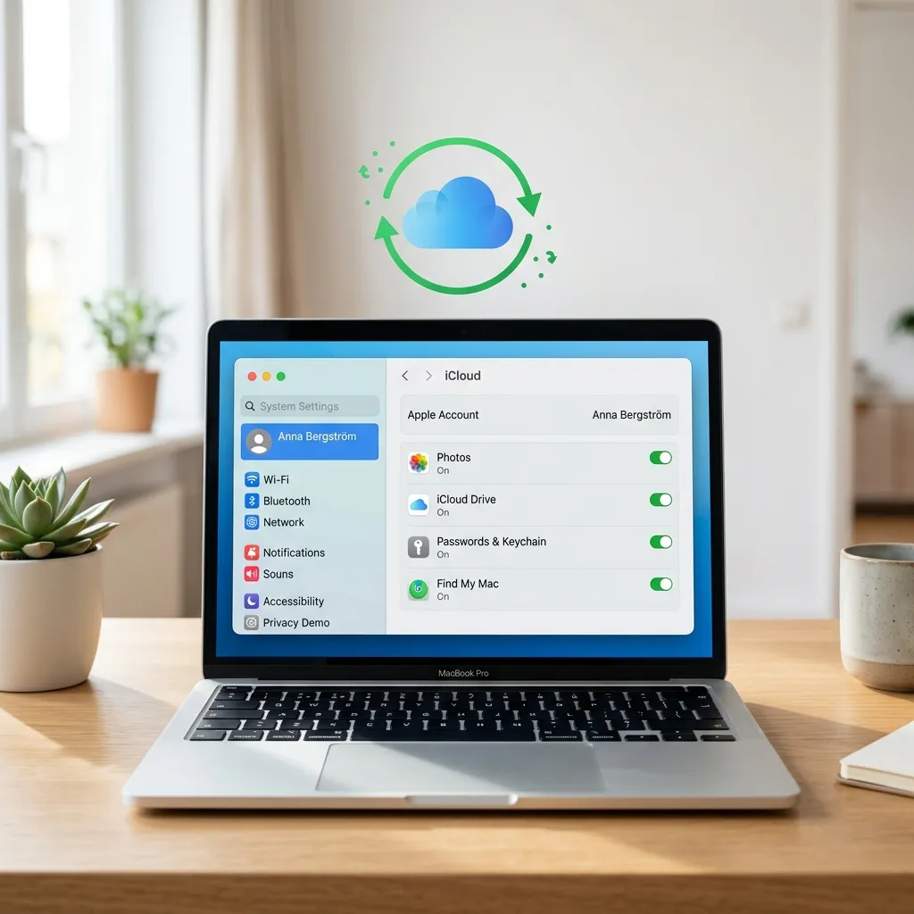 En MacBook som visar iCloud-inställningar med listor över appar, lagringsstapel och synkroniseringsalternativ