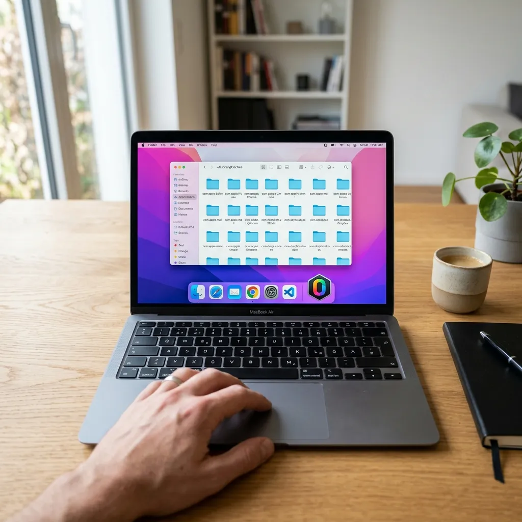 En MacBook som visar Finder med cache-mappar öppna — OnyX-ikon syns i Dockan