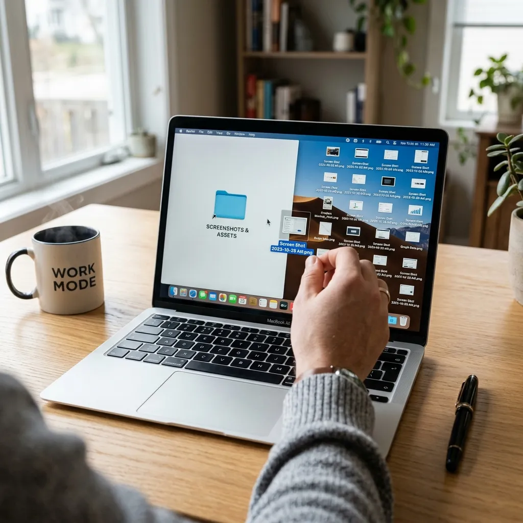 En MacBook på ett skrivbord — skrivbordet är halvt täckt av skärmdumpar, andra halvan rensad