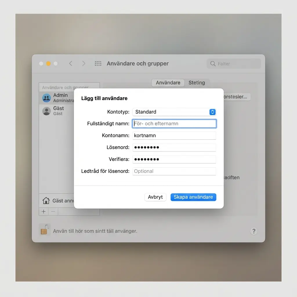 macOS Systeminställningar med Användare och grupper — Lägg till användare-dialogen öppen