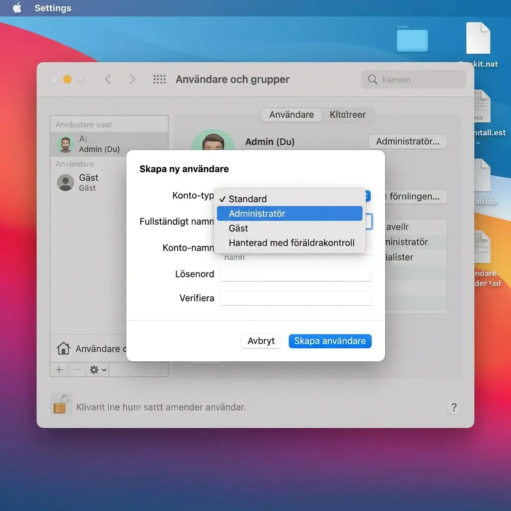 En MacBook på ett köksbord som visar macOS inloggningsskärm med flera profiler för olika familjemedlemmar