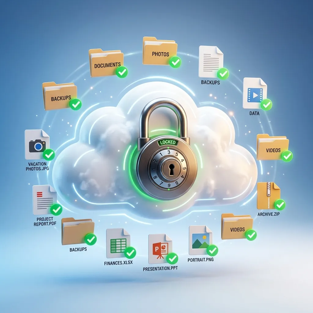 En skärm som visar molntjänsternas gränssnitt — Google Drive, iCloud, OneDrive och Dropbox — med synkroniserade filer