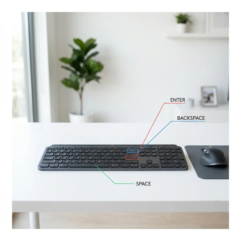 Ett tangentbord och en datormus på ett skrivbord med pilar som pekar på viktiga tangenter och musklick