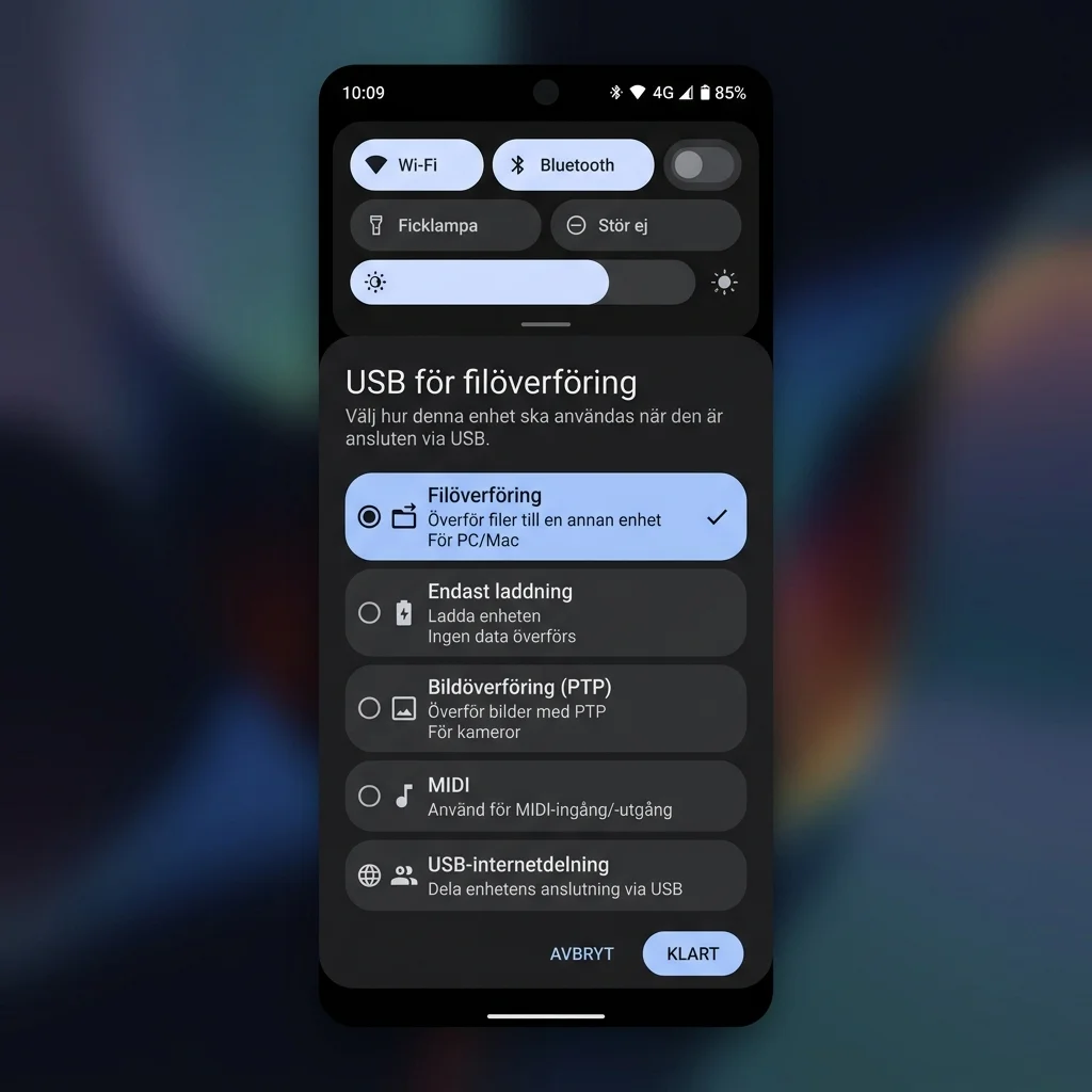 Android-telefonens USB-anslutningsdialog som visar alternativ för filöverföring