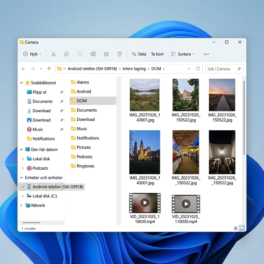 Windows 11 Utforskaren som visar en ansluten Android-telefon med DCIM-mappen öppen