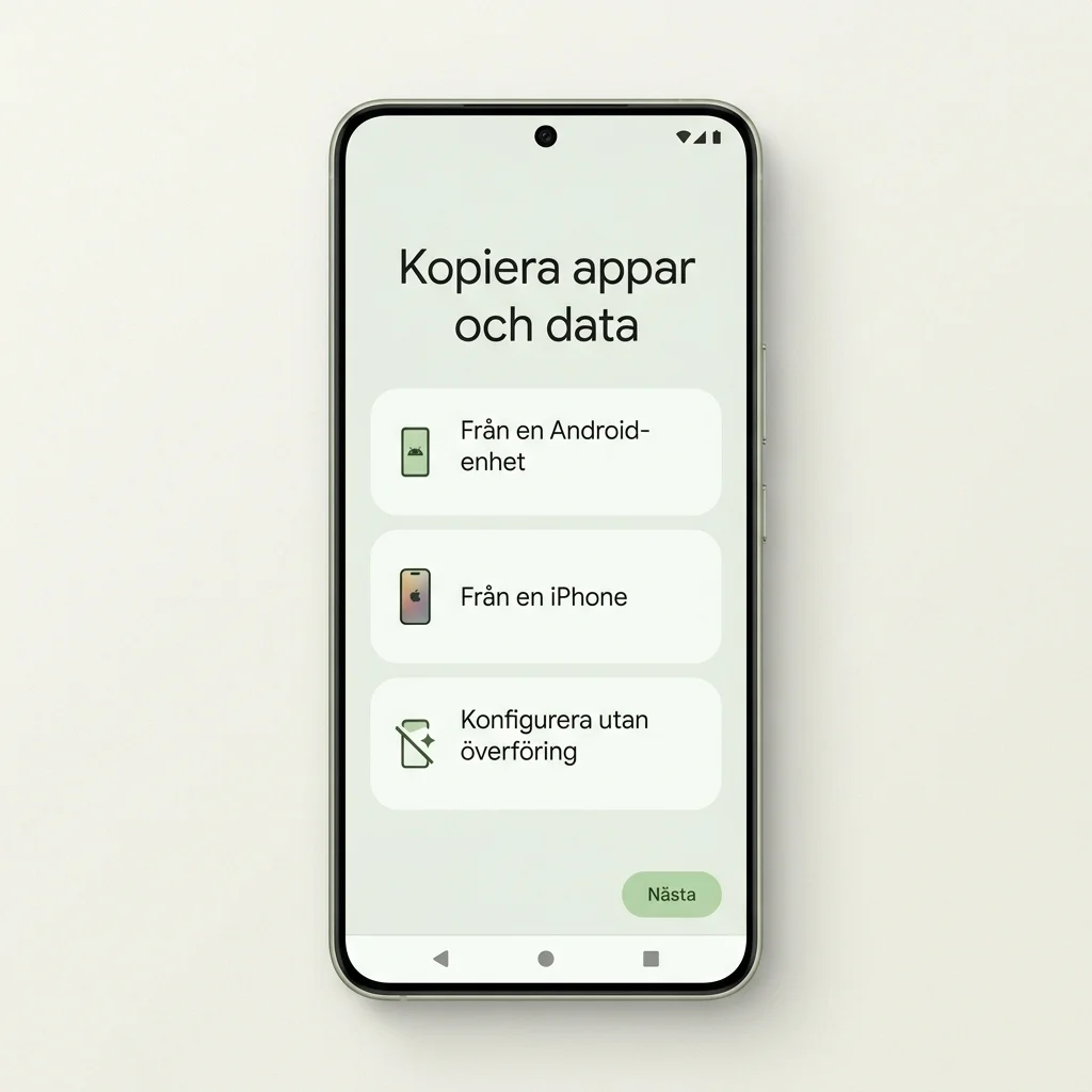 Installationsguide för ny Android-telefon med skärmen Kopiera appar och data där användaren väljer överföringsmetod