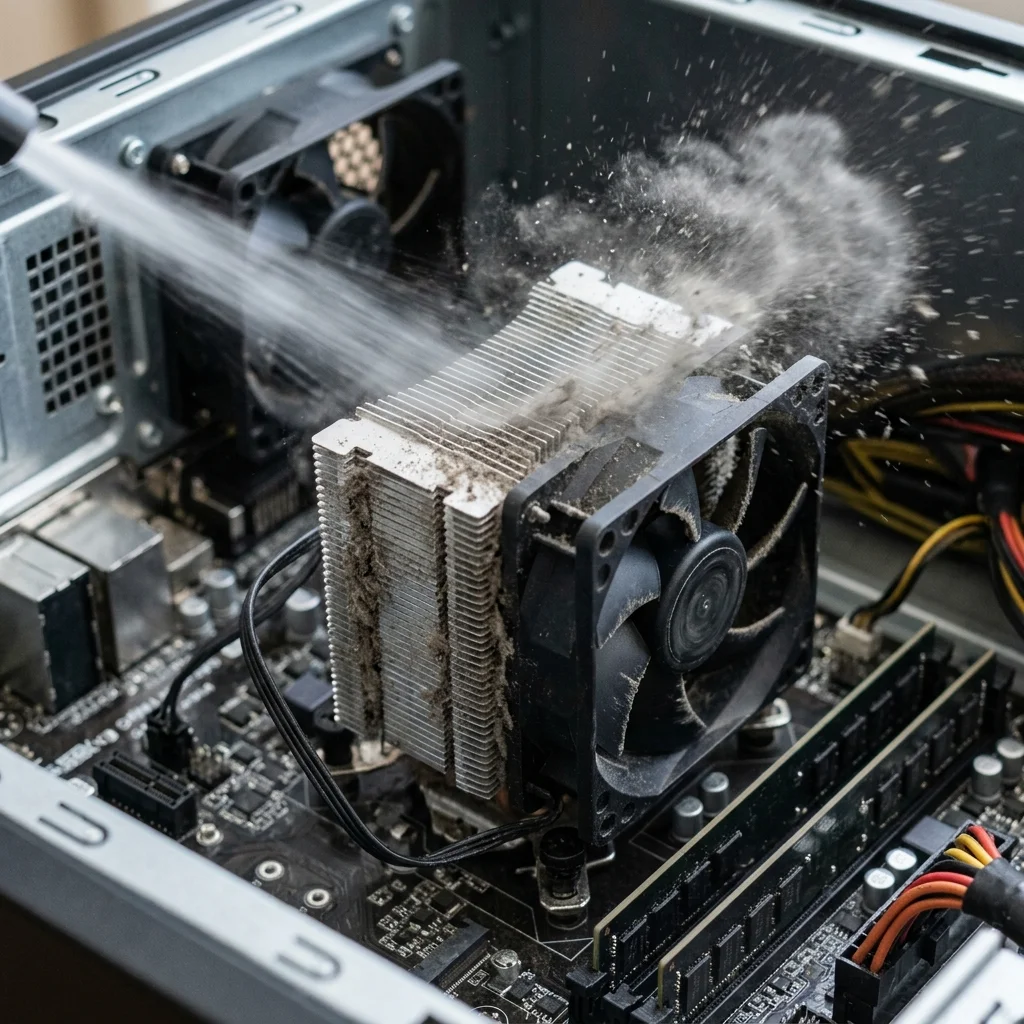 Närbild av datorns inre med CPU-fläkt och kylflänsar där damm rensas bort med tryckluft