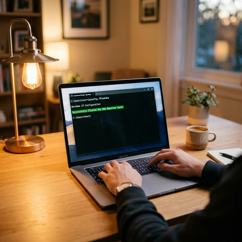 En laptop som visar ett terminalfönster med ipconfig flushdns — resultatet visar Successfully flushed