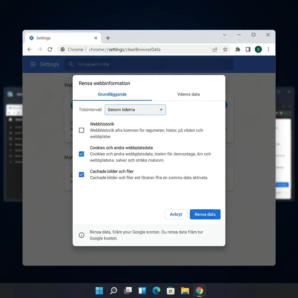 En laptop som visar Chromes Rensa webbinformation-dialog — All tid valt, Cookies markerat, en hand nära Rensa-knappen