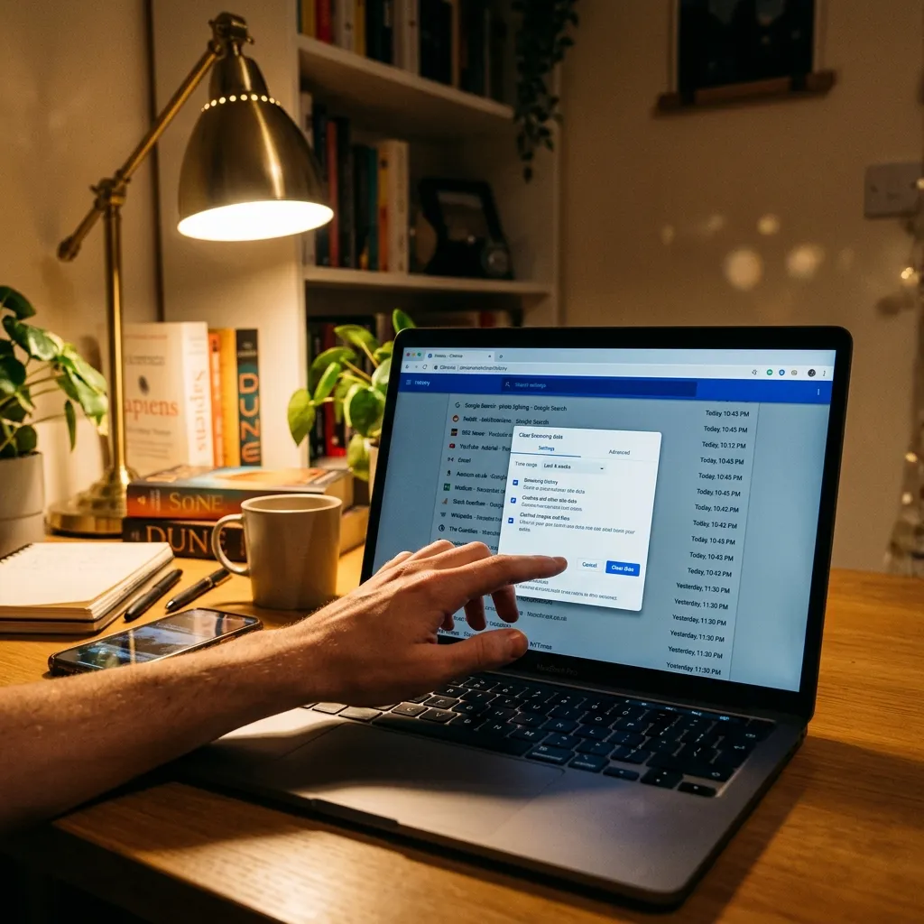 En laptop som visar webbläsarens historik-sida med lista över webbplatser — en Rensa webbinformation-dialog öppen