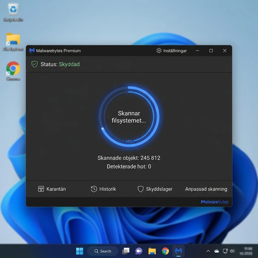 Malwarebytes programfönster som visar en pågående sökning efter skadlig kod på hårddisken