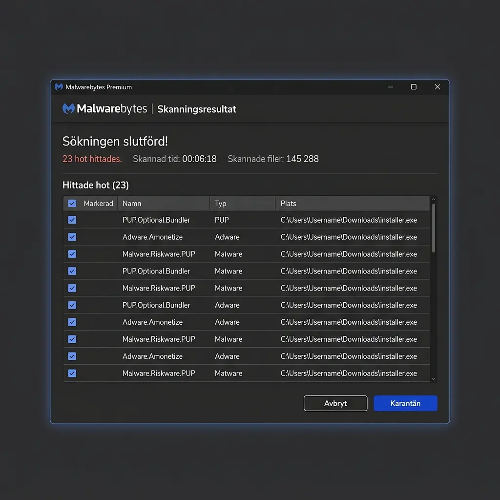 Malwarebytes skanningsresultat med flera röda hotmarkeringar och Karantän-knappen