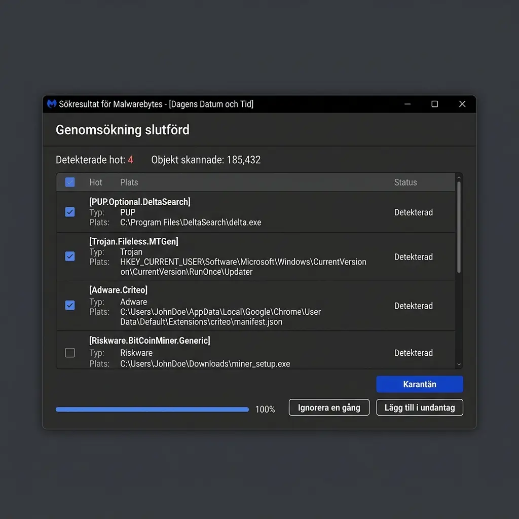 En laptop på ett mörkt skrivbord som visar Malwarebytes skanningsresultat — flera röda hotmarkeringar och Karantän-knapp