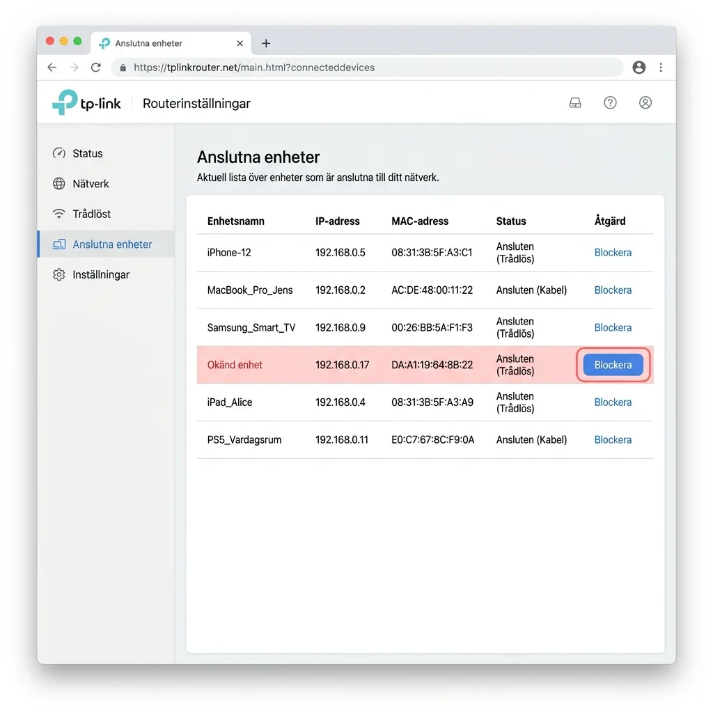 Router administrationsgränssnitt som visar MAC-adressfiltrering med en lista över blockerade enheter