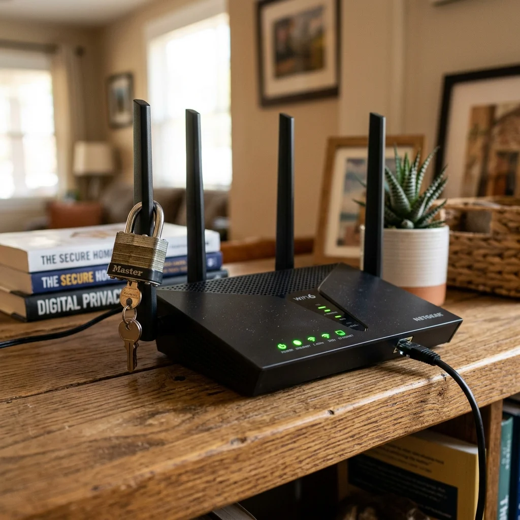 En router med en sköldikon och en lista över enheter där en obehörig enhet är markerad i rött med en blockerad symbol