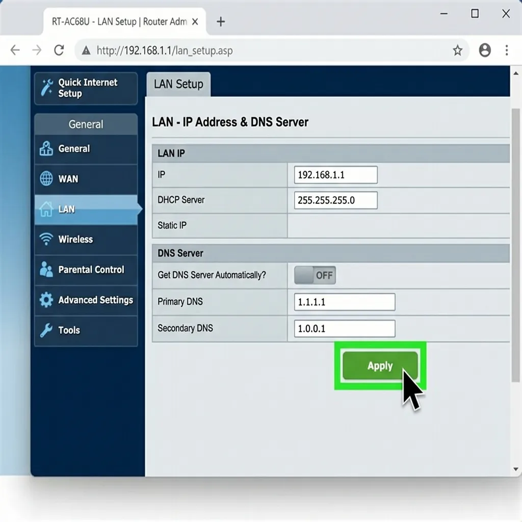 Routergränssnittet som visar DNS-inställningarna med Cloudflares DNS-adress ifylld och sparad