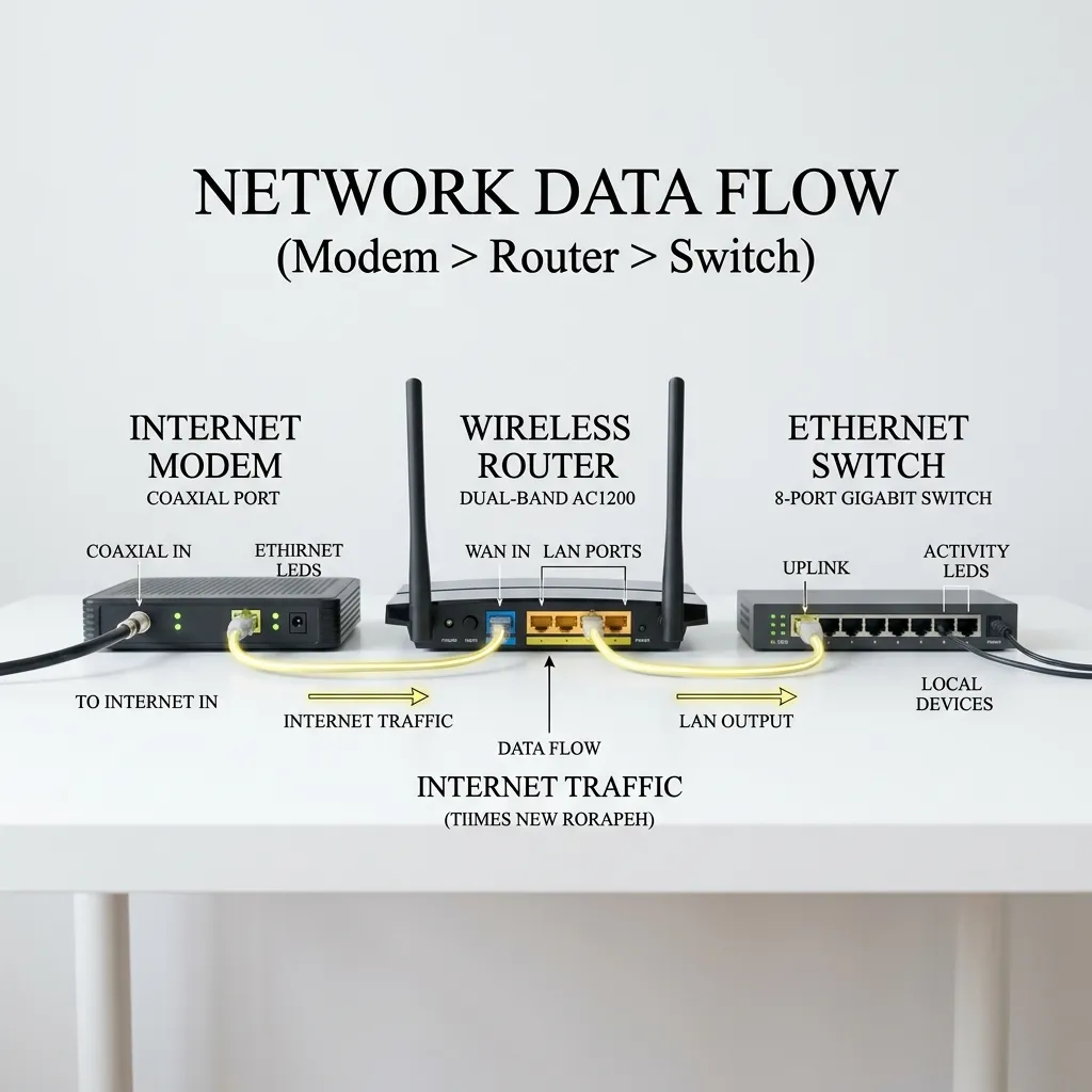 Tre nätverksenheter sida vid sida — ett modem, en router och en switch — med förklarande etiketter och anslutningar