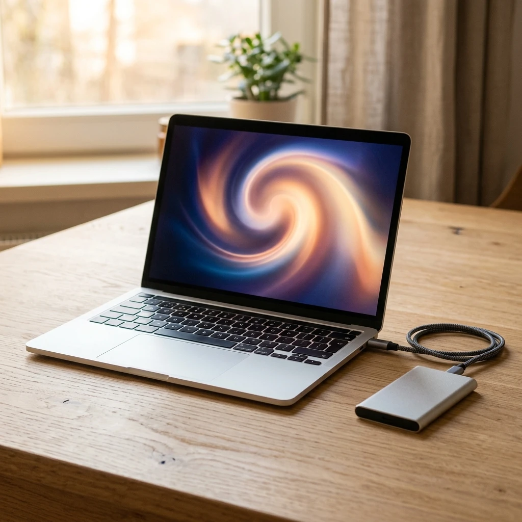 En MacBook Pro bredvid en extern hårddisk med Time Machine-gränssnittet synligt på skärmen