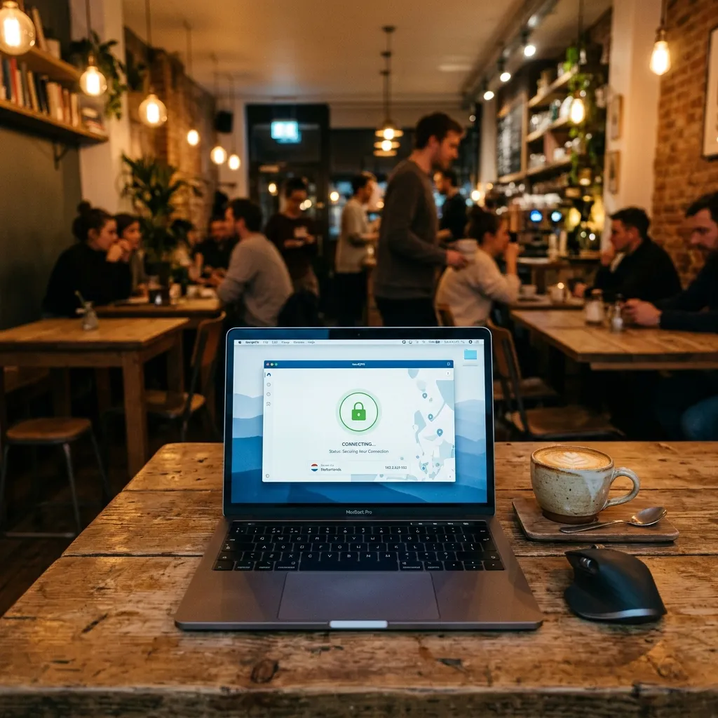 En laptop på ett kafébord — skärmen visar en VPN-anslutning med hänglåsikon