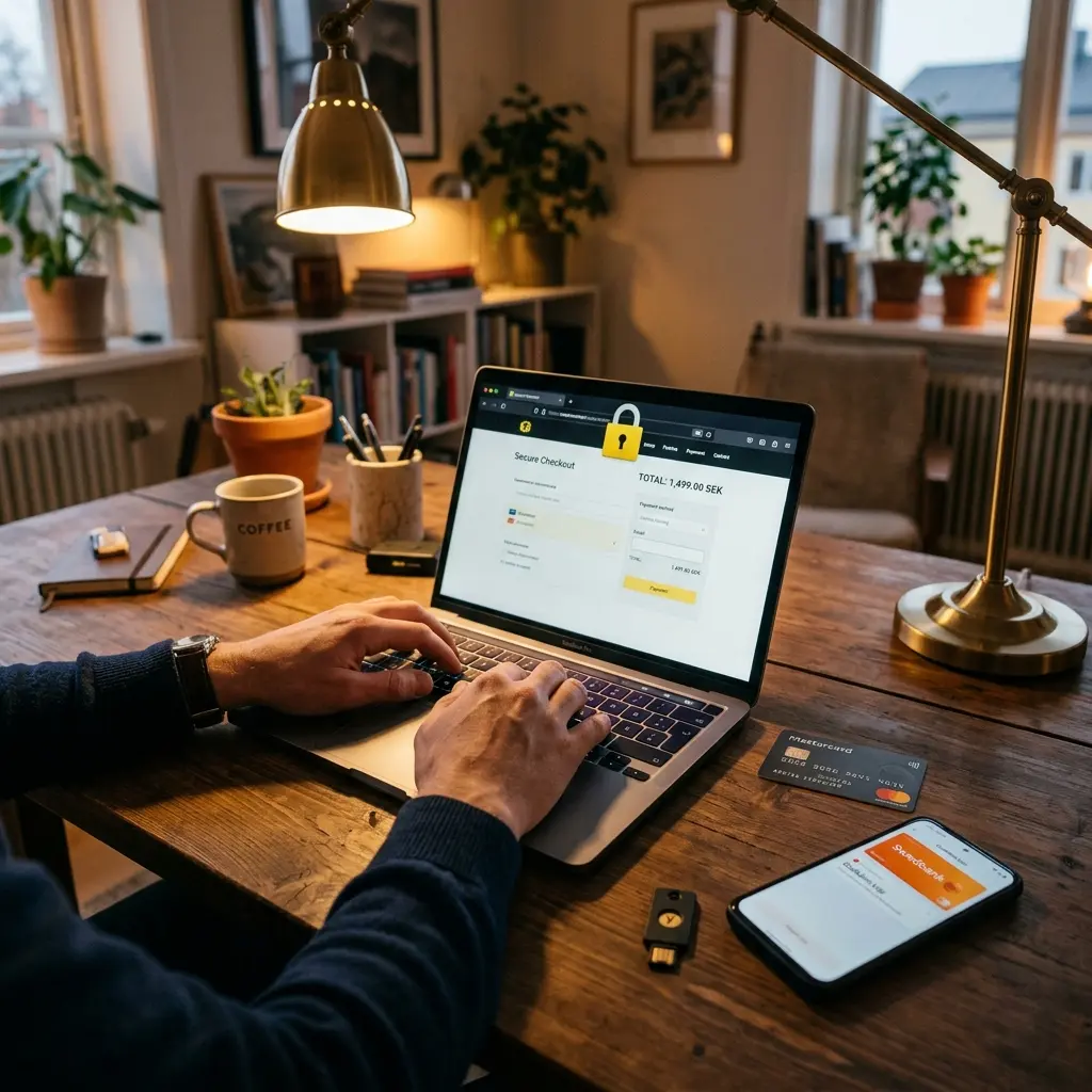 Händer vid ett tangentbord — kreditkort och telefon med bankapp på skrivbordet, laptop-skärmen visar betalsida