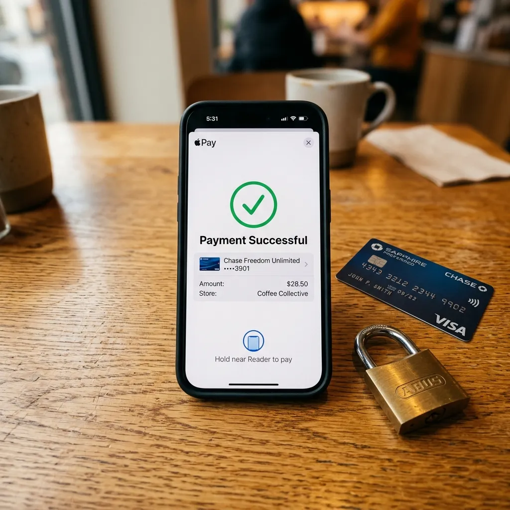 En smartphone som visar Apple Pay med grön bock — kreditkort och ett litet hänglås på bordet bredvid