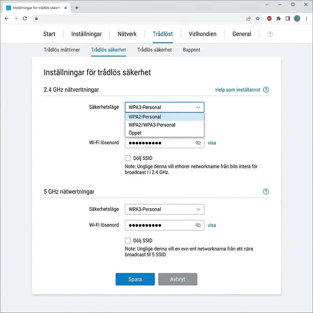 Router administrationsgränssnitt som visar trådlösa säkerhetsinställningar med en rullmeny för val av krypteringstyp