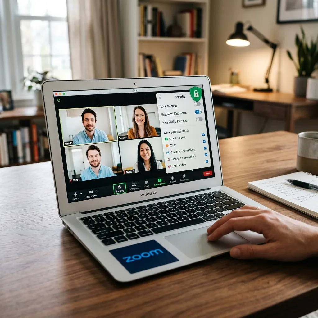 En laptop som visar Zoom med Säkerhet-panelen öppen — grönt hänglås, väntrum och lås-möte-alternativ