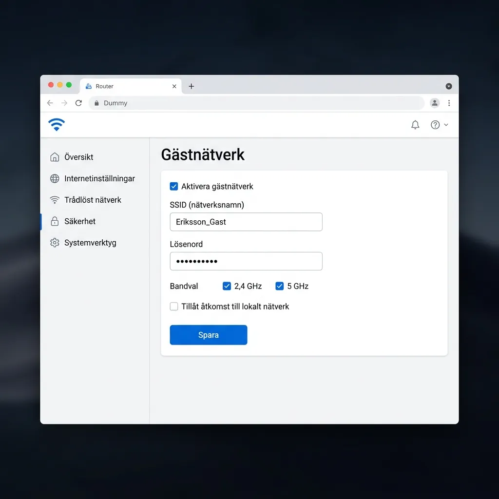 Routeradministration med gästnätverksformulär — SSID, lösenord, åtkomst till lokalt nätverk avaktiverat