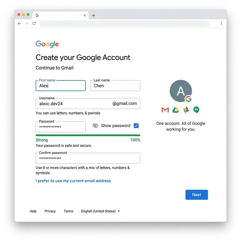 Googles registreringsformulär med fält för namn, användarnamn och lösenord — alla fält ifyllda med exempelinformation
