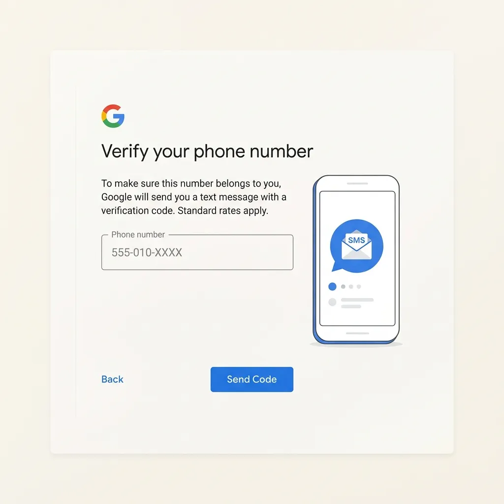 Googles verifieringssida med fält för mobilnummer — landsnummer är inställt på Sverige och telefonnumret visas som dolt