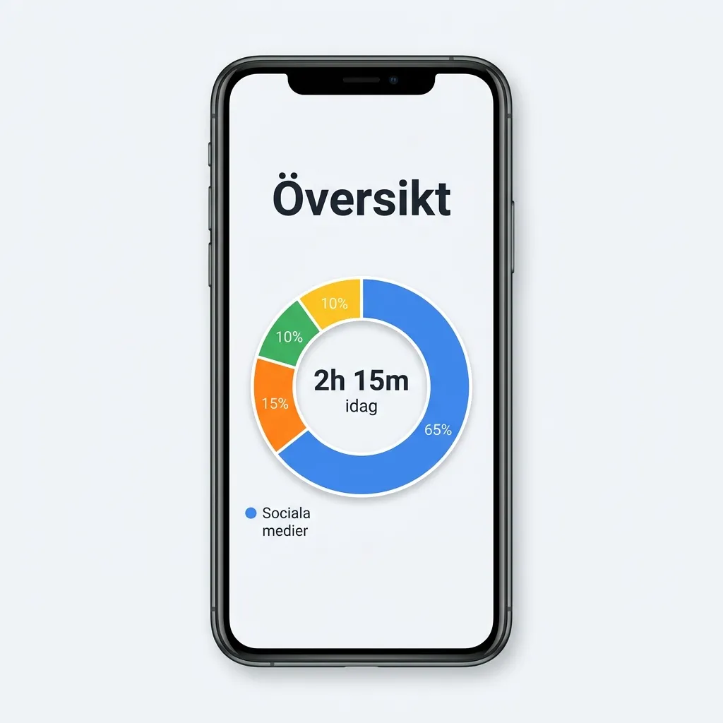 iOS Skärmtid-översikt med cirkeldiagram över daglig användning och sociala medier