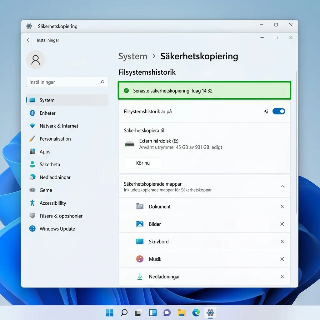 Windows säkerhetskopieringsinställningar med Filhistorik aktiverad och extern hårddisk vald som backupenhet