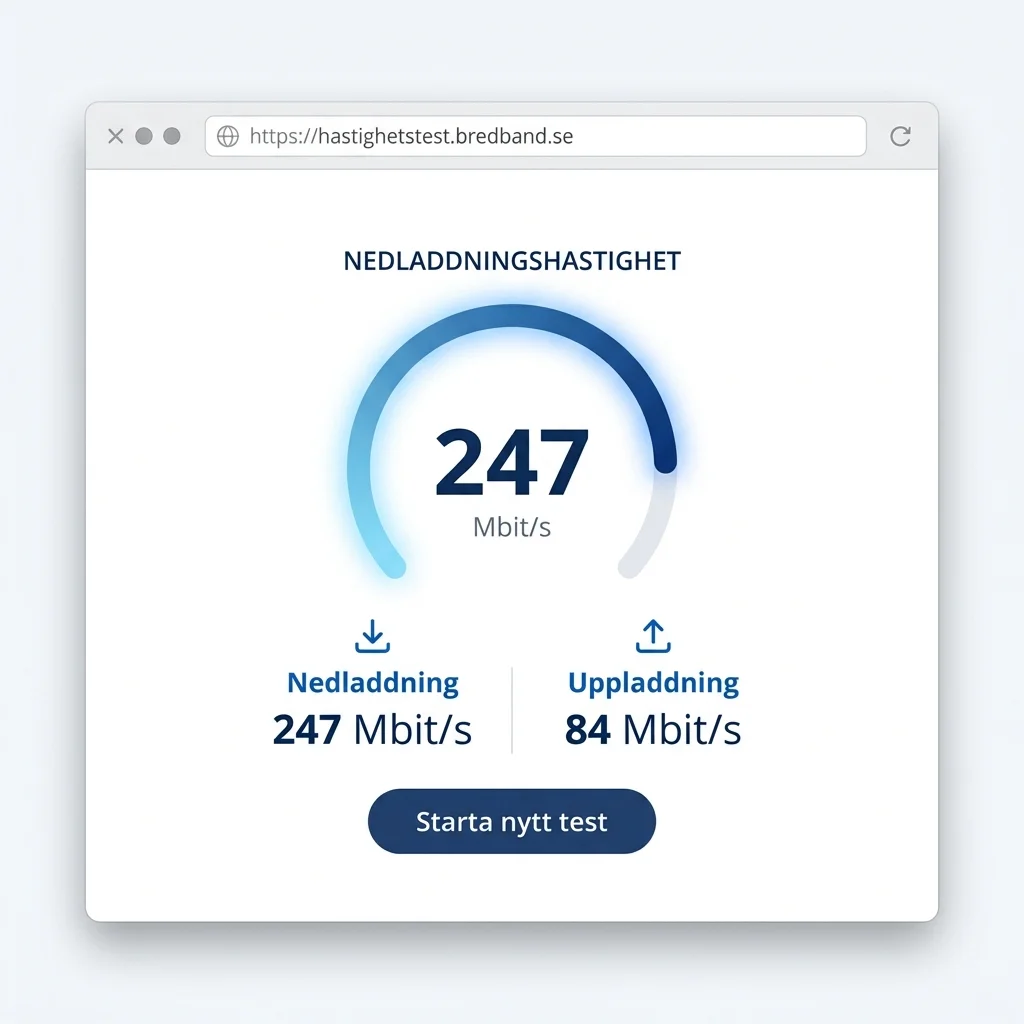 Webbläsarbaserat bredbandshastighetstest som visar nedladdnings- och uppladdningshastighet i Mbit/s
